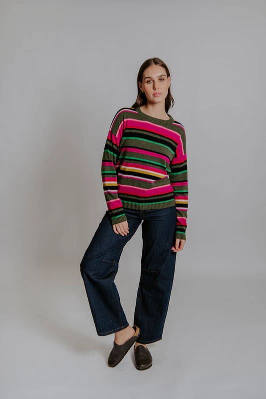 BELLA Stripe Relaxed Pullover OliveMulti