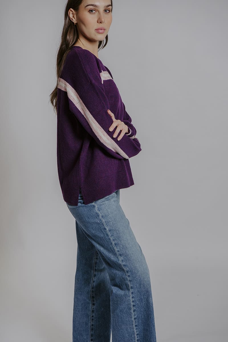 BELLA Yoke Stripe Pullover AubergineC