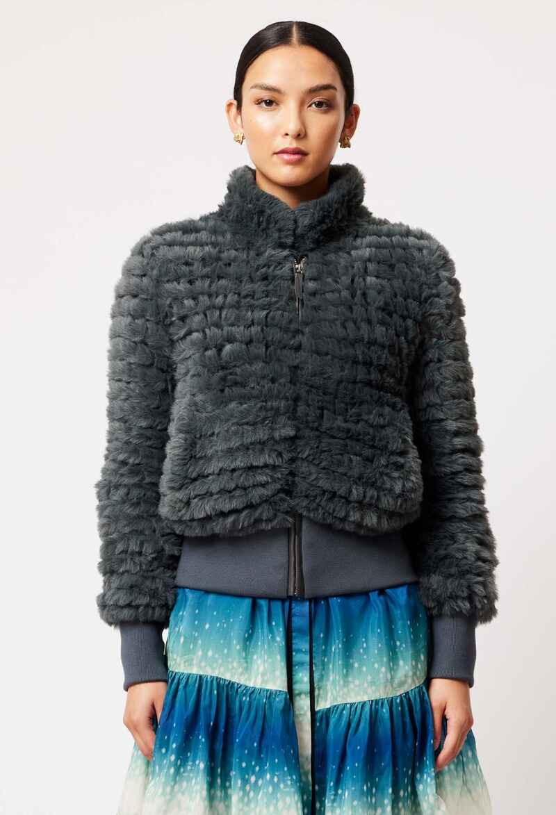 ONCE WAS Novella Faux Fur Bomber Mercury