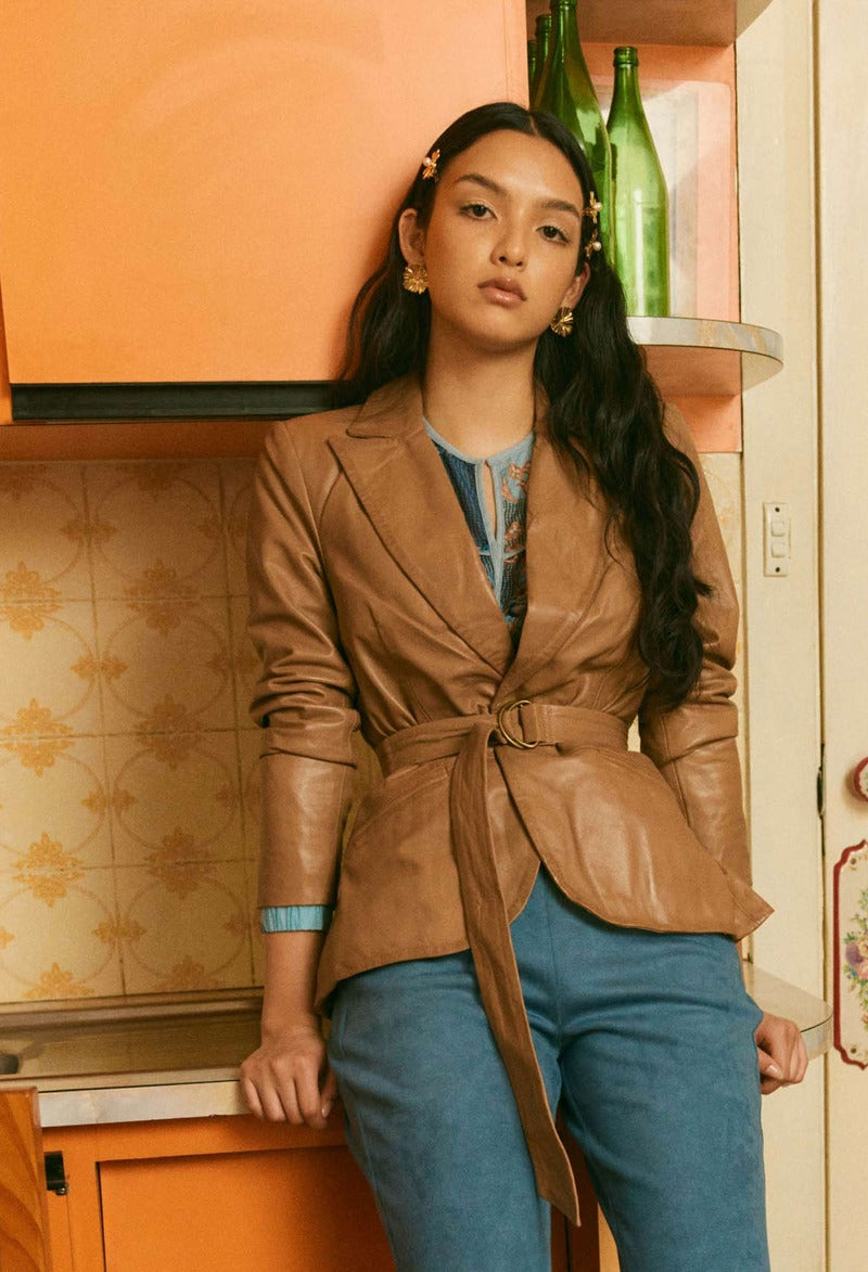 ONCE WAS Loren Leather Blazer Husk