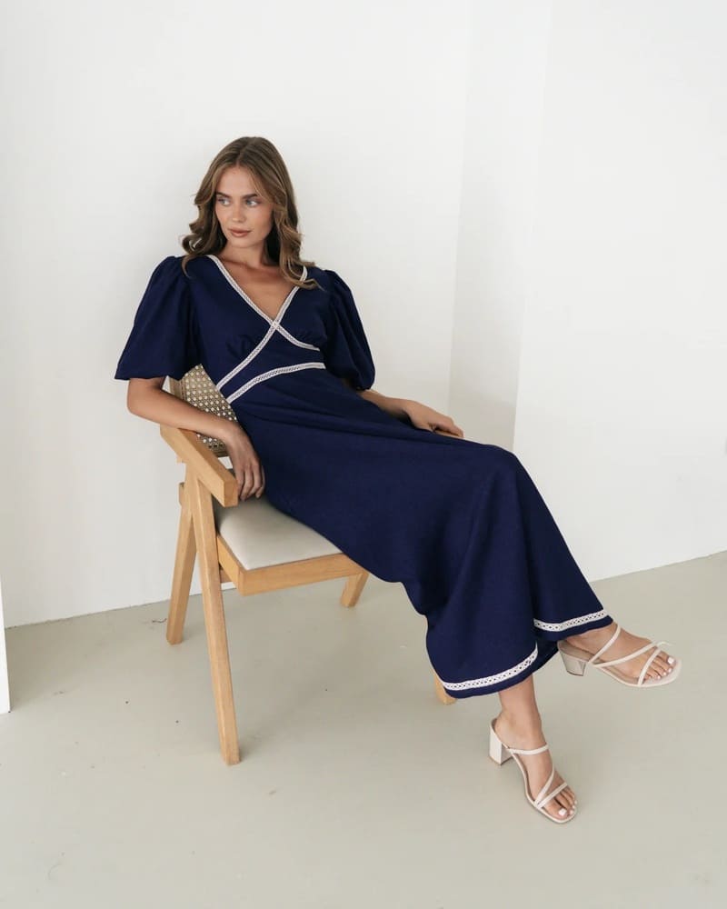 EBBY & I Jenna Grecian Dress Navy
