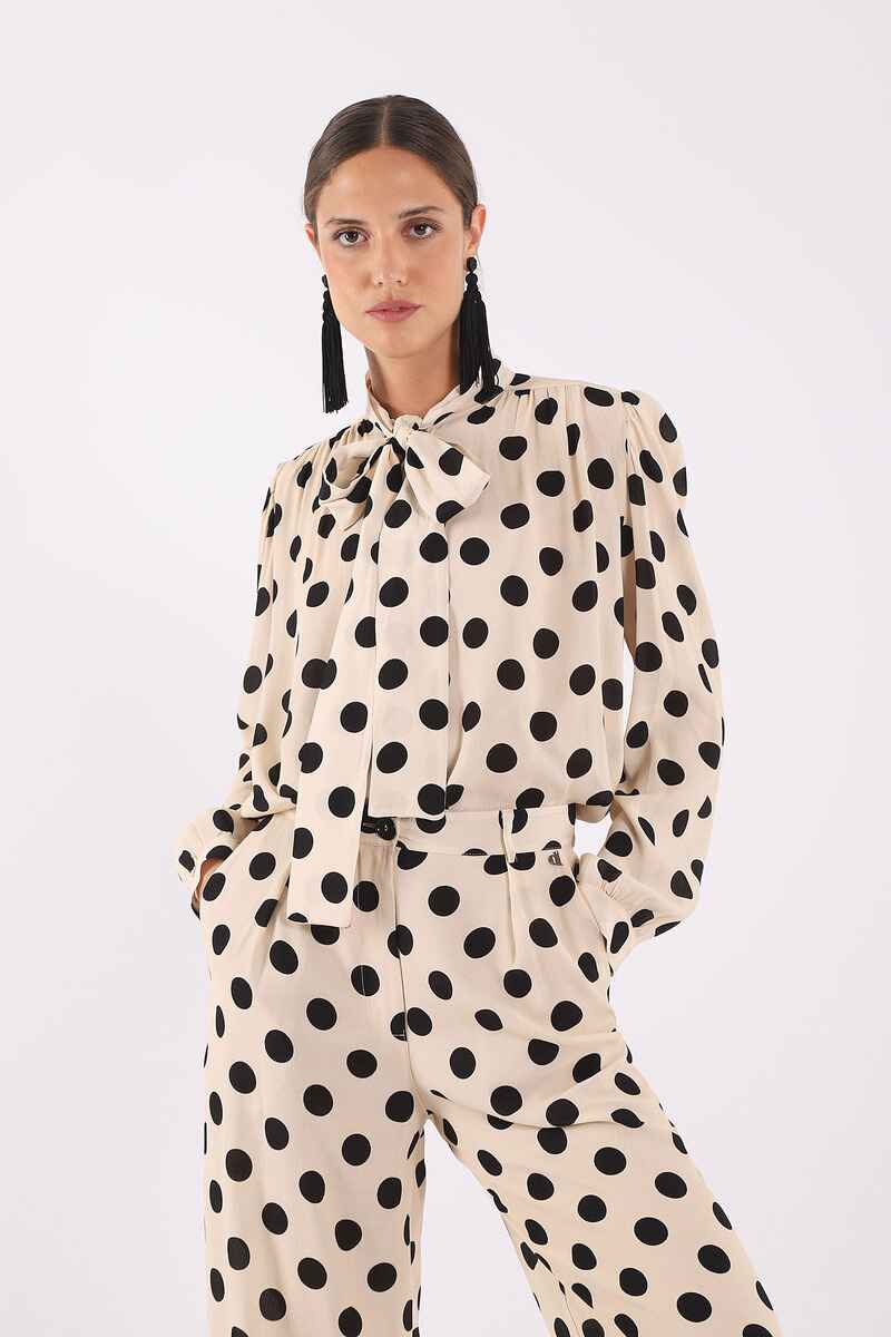 DIXIE Pussy Bow Shirt Cream Spot