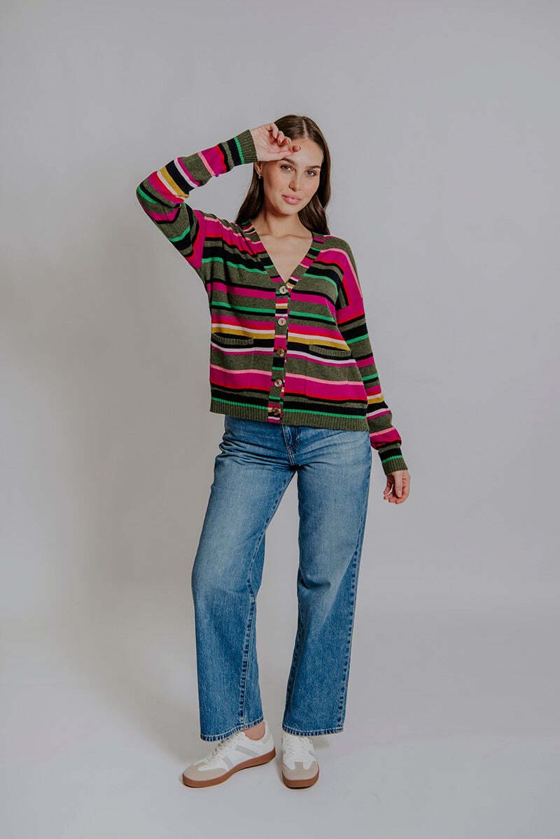 BELLA Stripe Relaxed Cardy OliveMulti