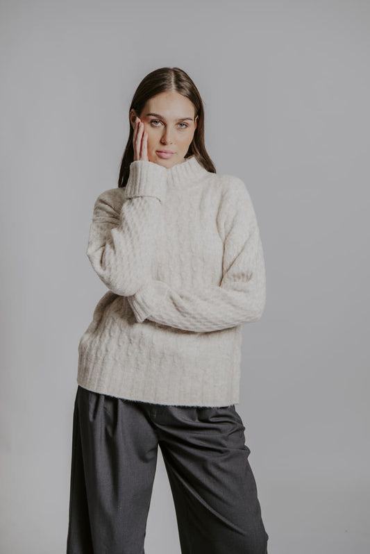 BELLA Mixed Cable Pullover Almond