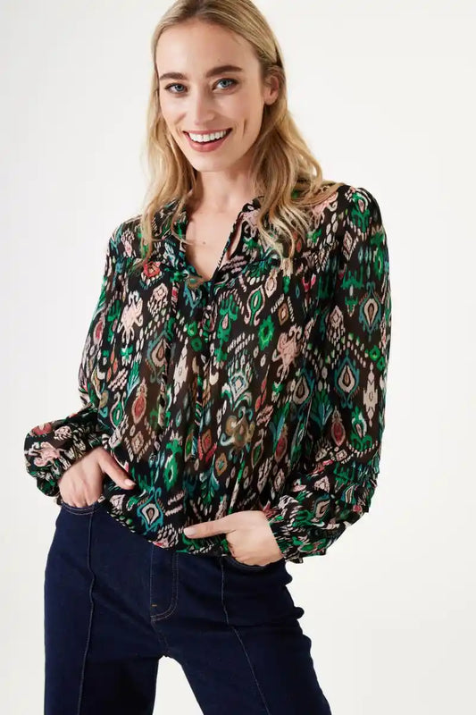 GARCIA Ikat Tie Blouse BlackMulti