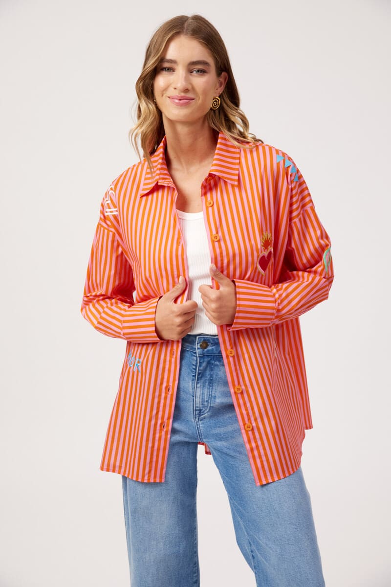 HAVEN Mykonos Emb Stripe Shirt Pink
