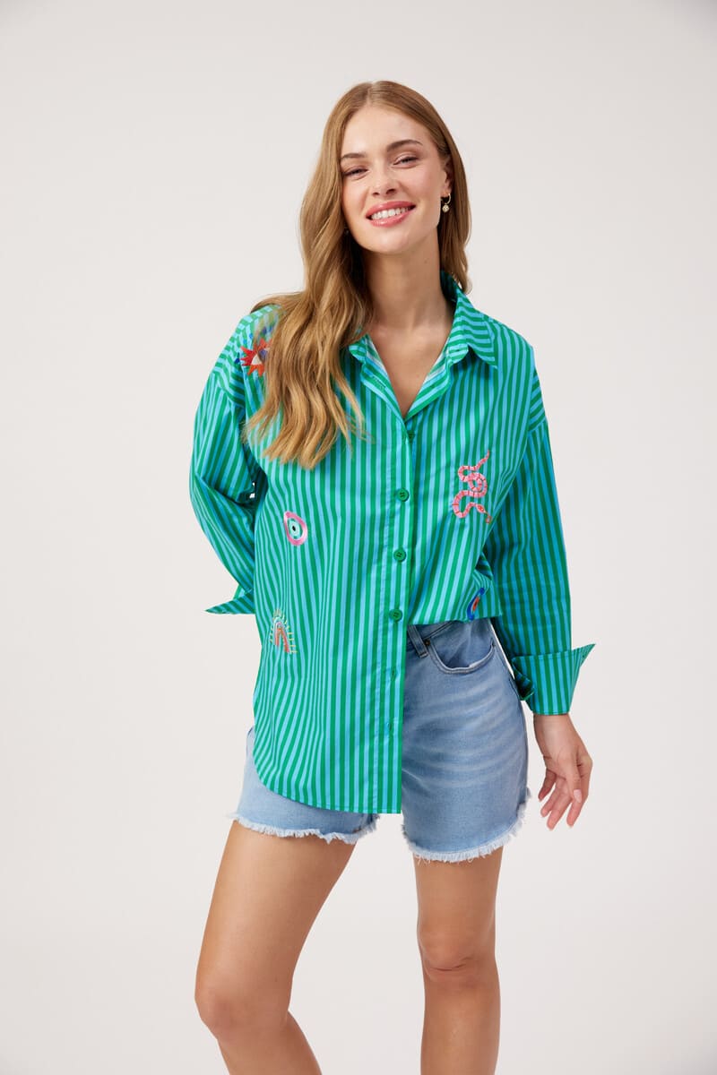 HAVEN Mykonos Emb Stripe Shirt Green