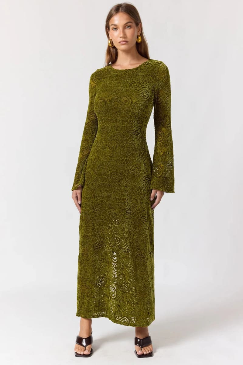 NLB Eloise Velvet Maxi Dress Agave