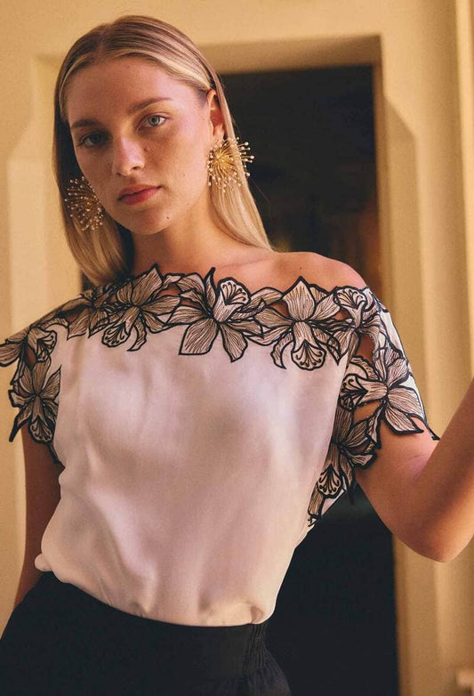 ONCE WAS Eleanor Embr Top Ivory