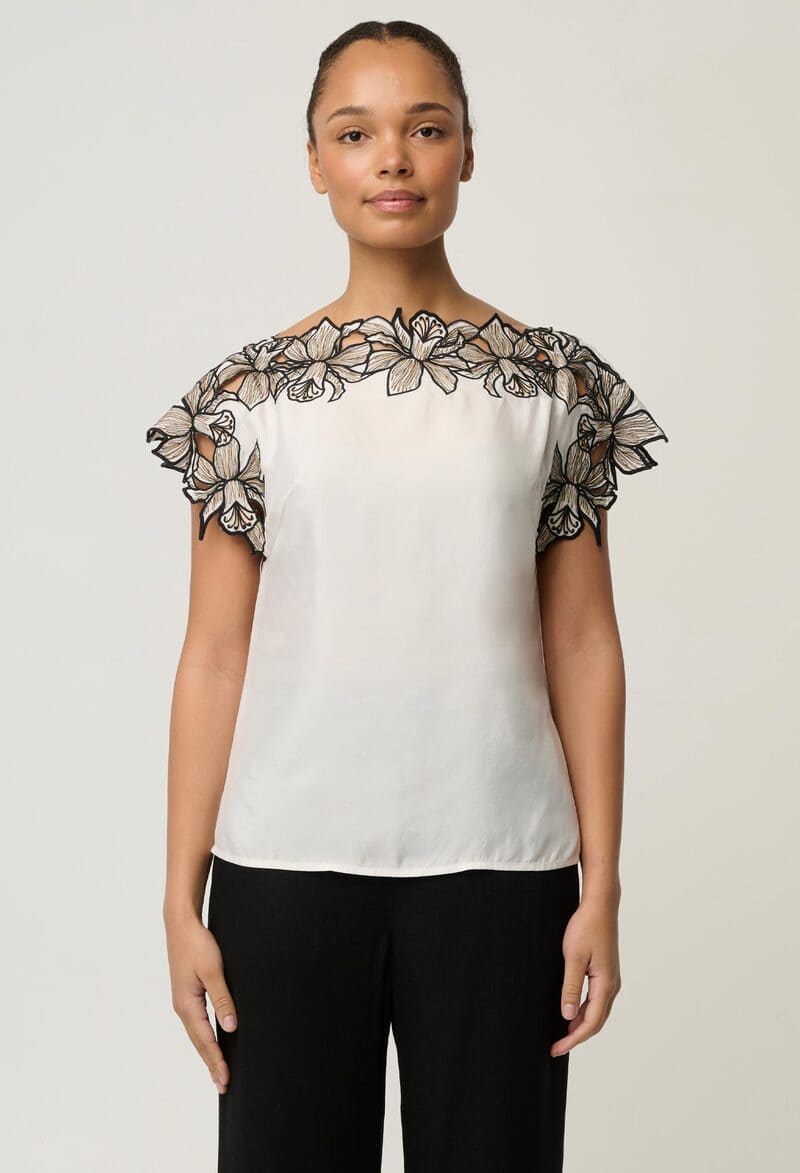 ONCE WAS Eleanor Embr Top Ivory