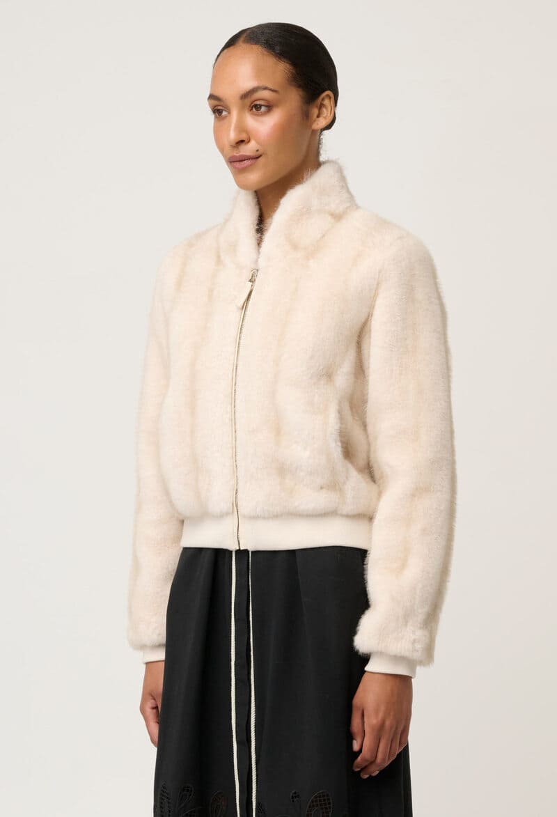 ONCE WAS Chrysta Fur Bomber Jacket Porcelain