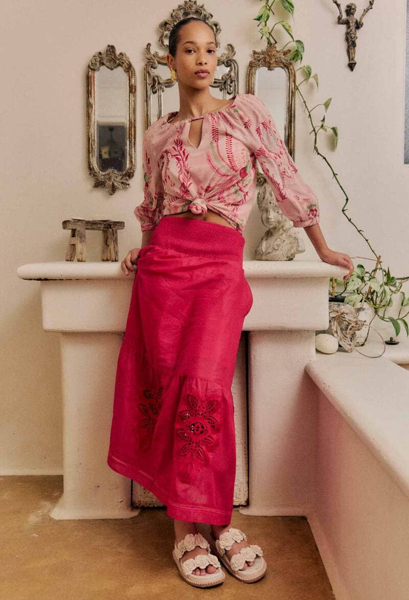 ONCE WAS Cordelia Silk Skirt Ruby