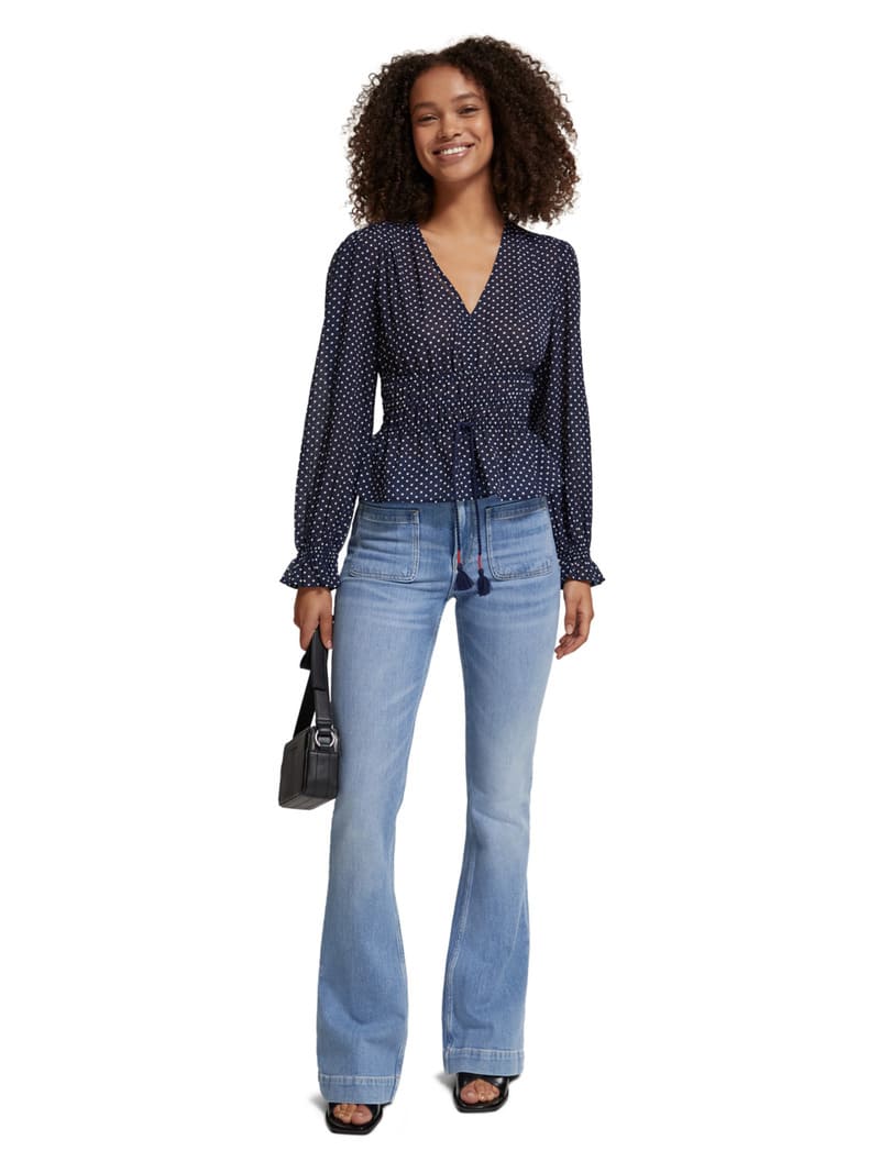 S&SODA V Neck Polka Top Navy