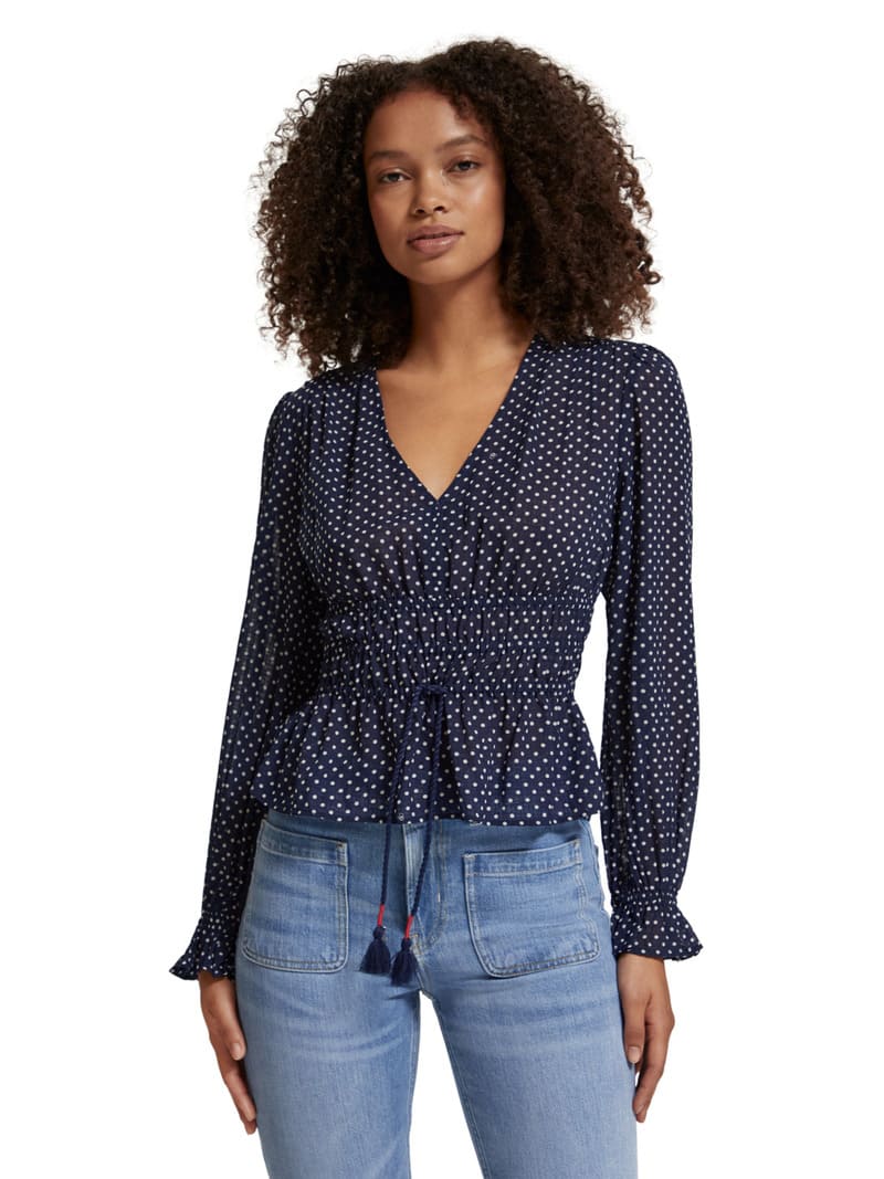 S&SODA V Neck Polka Top Navy