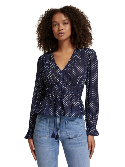 S&SODA V Neck Polka Top Navy