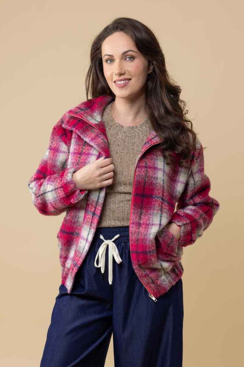 CHARLO Saskia Bomber Jacket PinkTartan