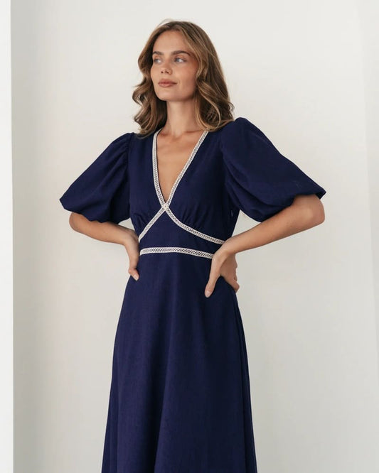 EBBY & I Jenna Grecian Dress Navy