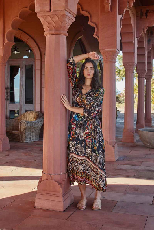 RUBYYAYA Brocade Wrap Dress Black